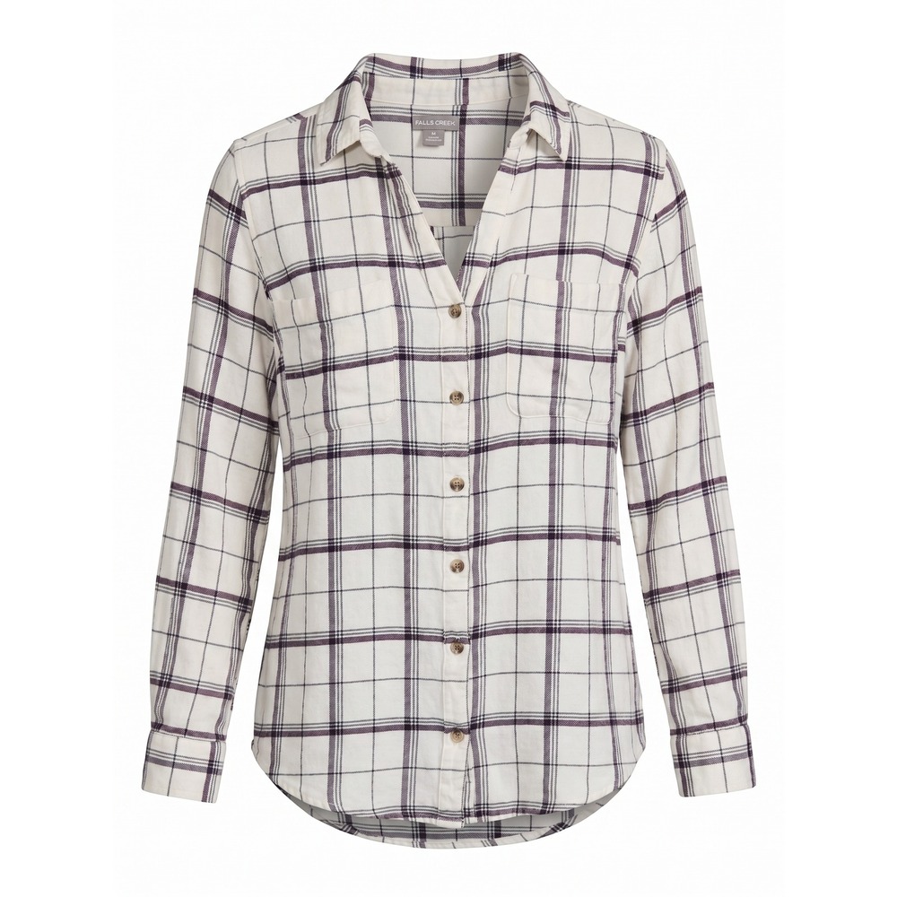 Falls Creek Women's Plaid Button Up Shirt Size M Rayon Long Sleeve Cream Purple